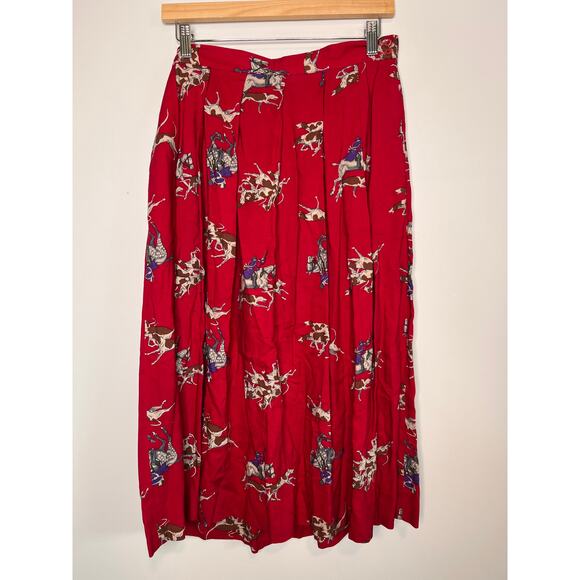 1980s Intuitions Red Pointer Dogs Equestrian Horse Racing Old Money Midi Skirt M - Picture 1 of 5